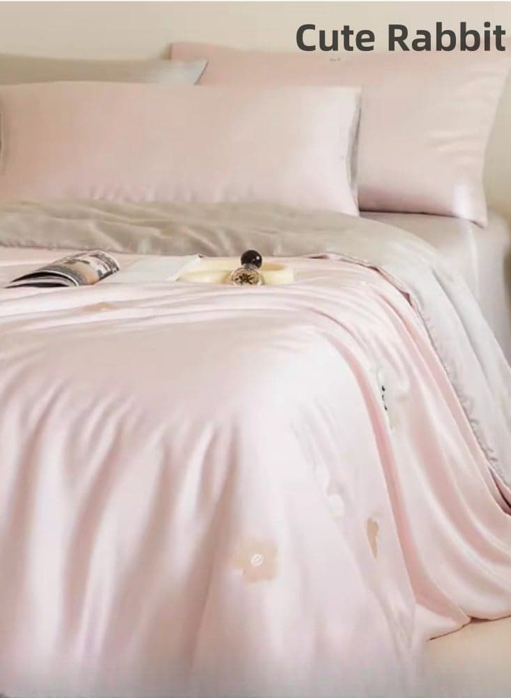 High end 60S Pro Lanjing Tencel Cartoon Embroidery Four piece Set Summer Ice Silk Sleeping Bed Sheet Quilt Cover Bedding Suitable for 1.8m/2.0m Bed Sheet Four piece Set