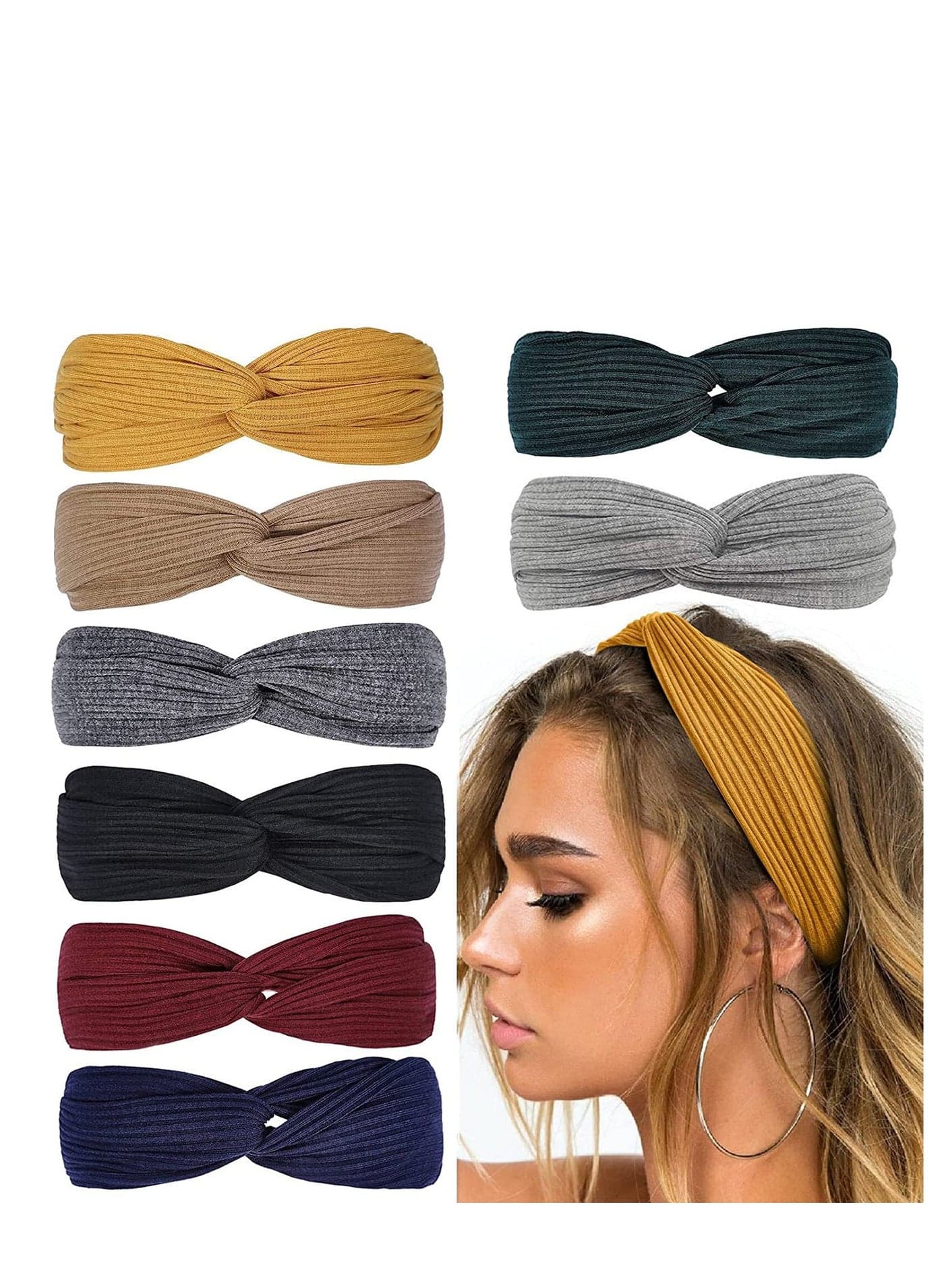 Elastic Headbands, Knotted Headband for Women Girls Non Slip Fashion Boho Headbands Soft Knitting Cross Knot Cute Wide Workout Yoga Turban Hair Accessories, 9 Pack