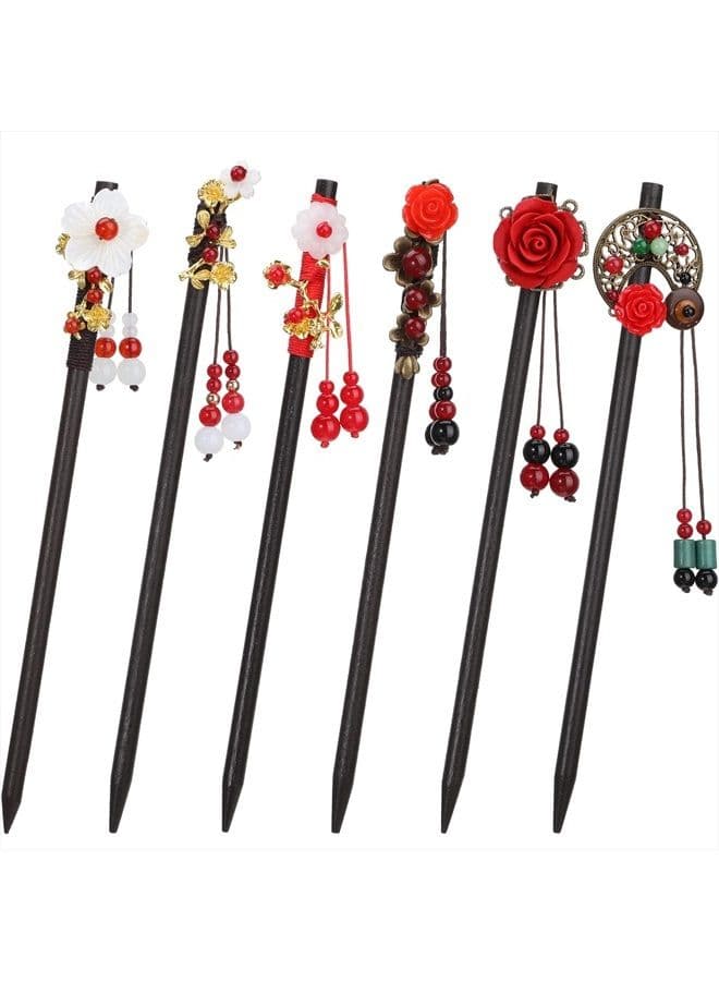 6 Pieces Chinese Wood Hair Sticks Japanese Vintage Tassel Hair Chopsticks Retro Flower Hairpins Handmade Wooden Hair Pins Classic Hair Accessories for Women Girls Long Curly Hair (Vintage Pattern)