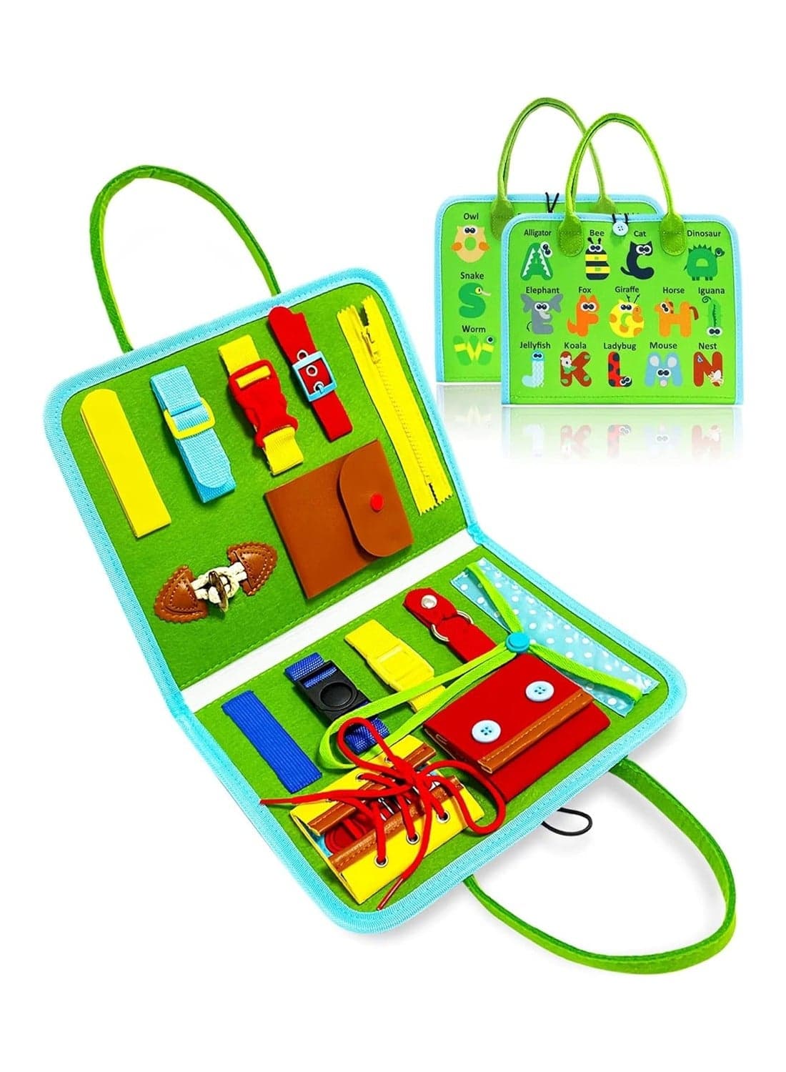 Busy Board, Montessori Sensory Toy, Cognitive Alphabet Animal Fine Motor Skills, Birthday Gift for 1 2 3 4 Year Old Girls and Boys (Green)