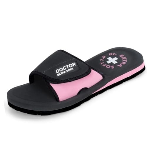DOCTOR EXTRA SOFT Women's Care Orthopaedic and Diabetic Adjustable Strape Super Comfort Dr Sliders Flipflops and House Slippers for Women’s and Girl’s Slides D-52-Black-Pink-5UK
