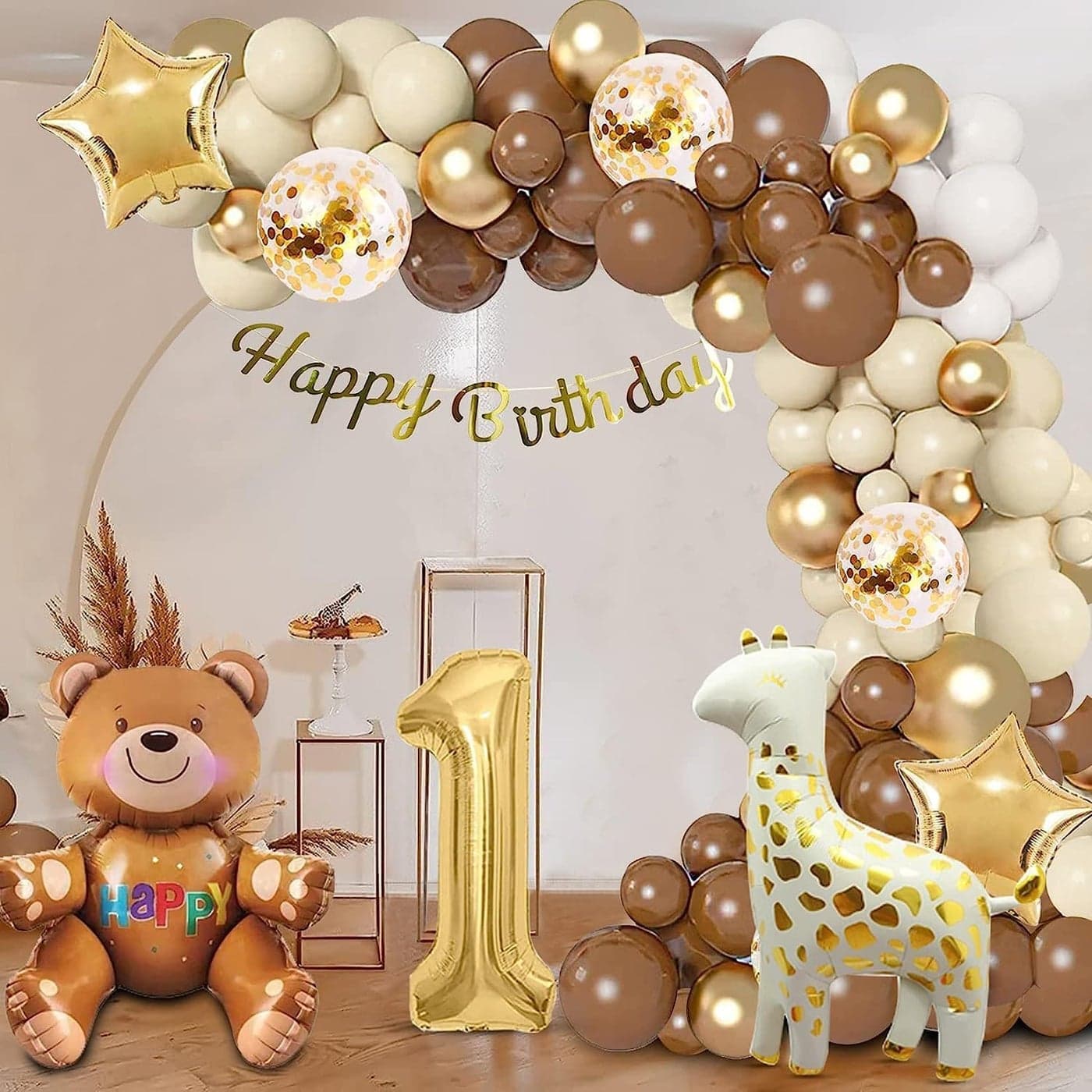 Lazybeee 1st Birthday Decoration Kit For Girl Boy Birthday Celebration 1 year birthday decoration Brown Gold Balloons Childrens Birthday Decoration With Star Balloon