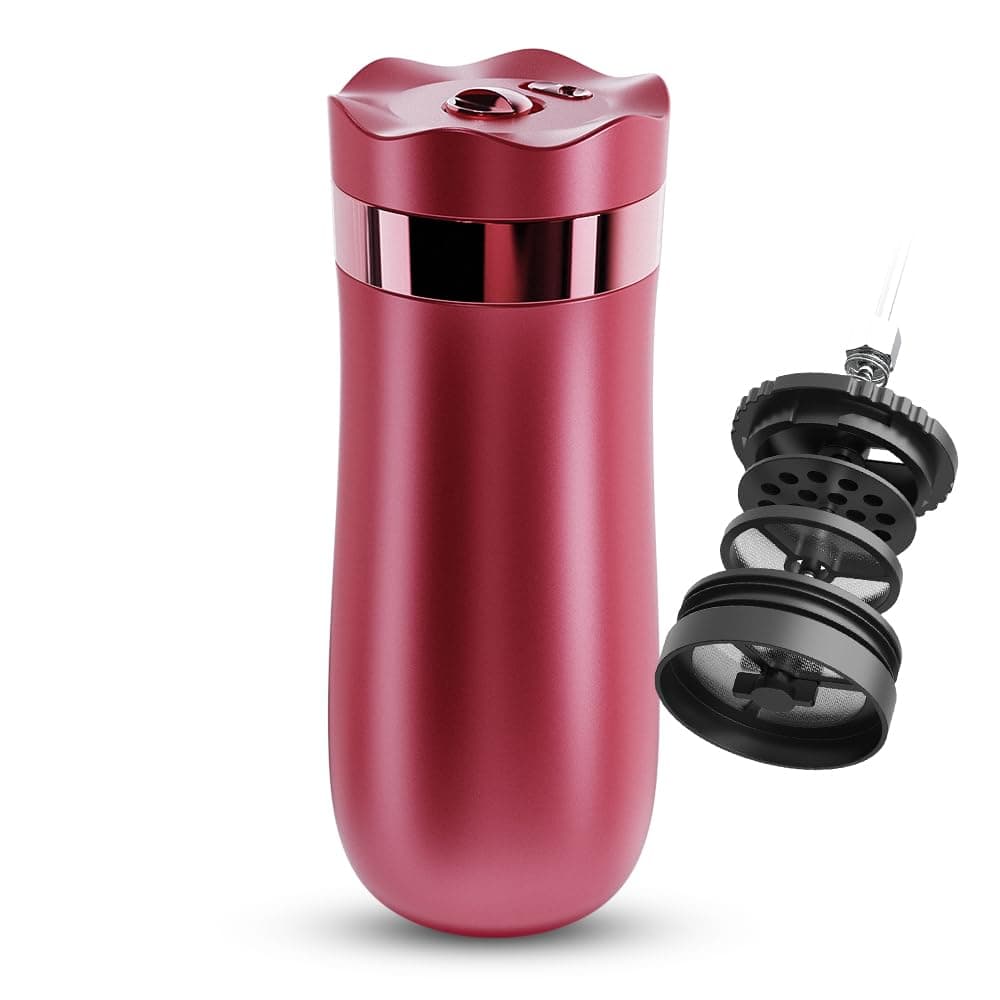 BENFUCHEN Travel Coffee Press Vacuum Insulated Portable French Press Stainless Steel Portable Coffee MakerTea Press 12oz Rose Red