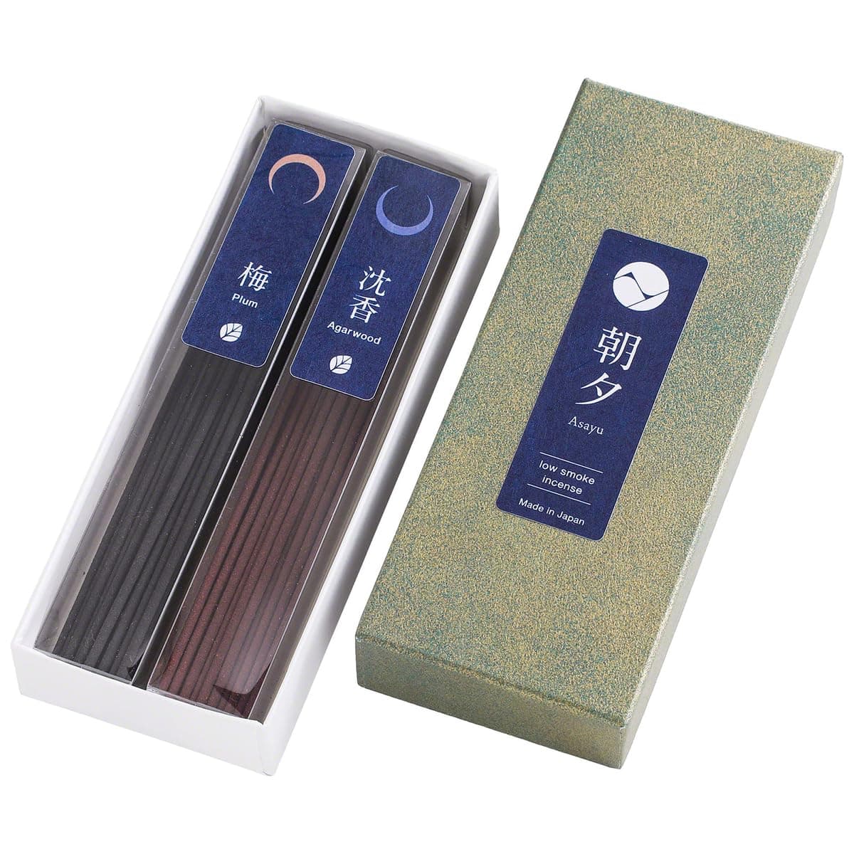 Asayu Japan 2in1 Low Smoke Incense Sticks Nature Set 2 scents Plum and Agarwood 40gr Japanese Incense for Morning Energy Evening Relax Yoga Meditation Smokeless for Less Irritation