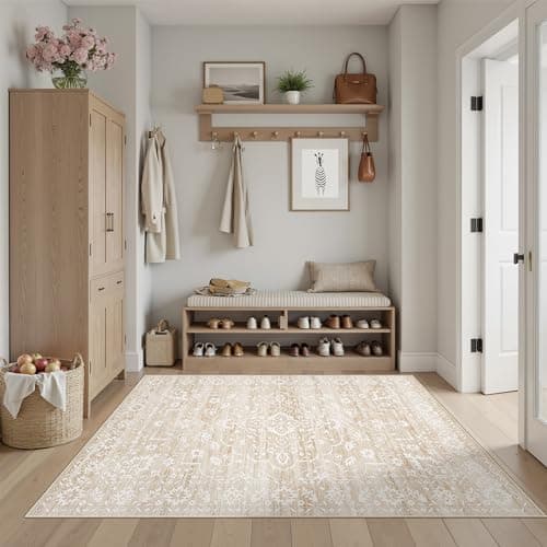 Soalmost 3x5 Area Rugs for Entryway,Washable Vintage Low Pile Non-Slip Throw Area Rugs, Accent Rug Floral Print Indoor Mat for Bedside Living Room Kitchen Bedroom Beige