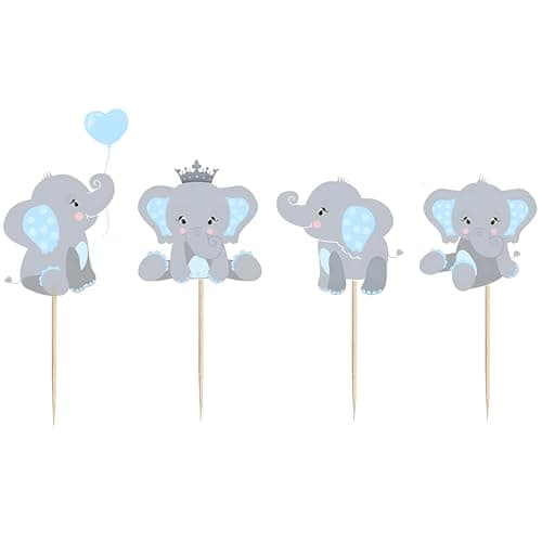 Finduat 48 Pieces Blue Elephant Cupcake Toppers for Boy Baby Shower Decorations Supplies, Baby Boy Birthday Party Supplies(Double Sided)