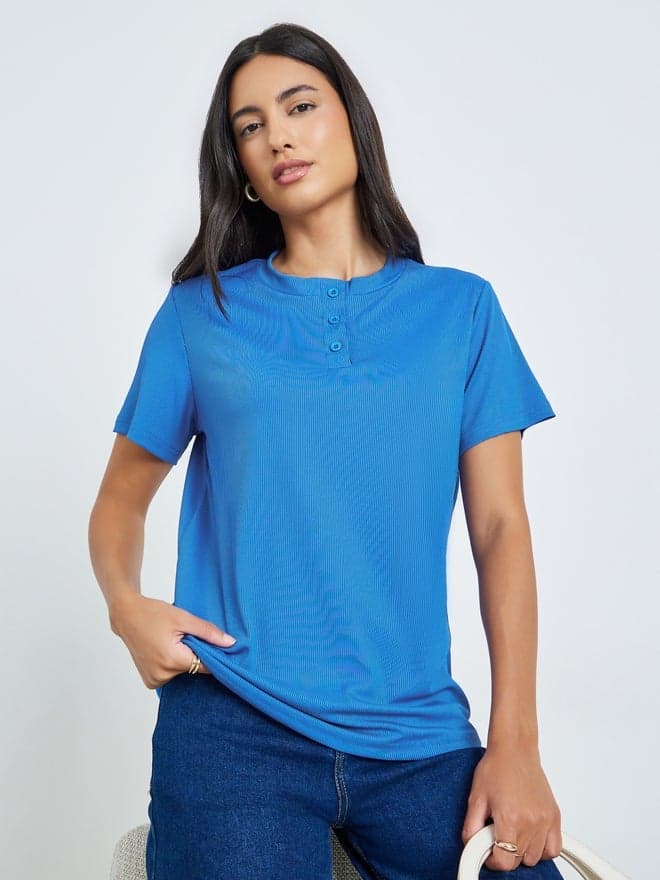 Styli Blue Ribbed Button-Front T-Shirt
