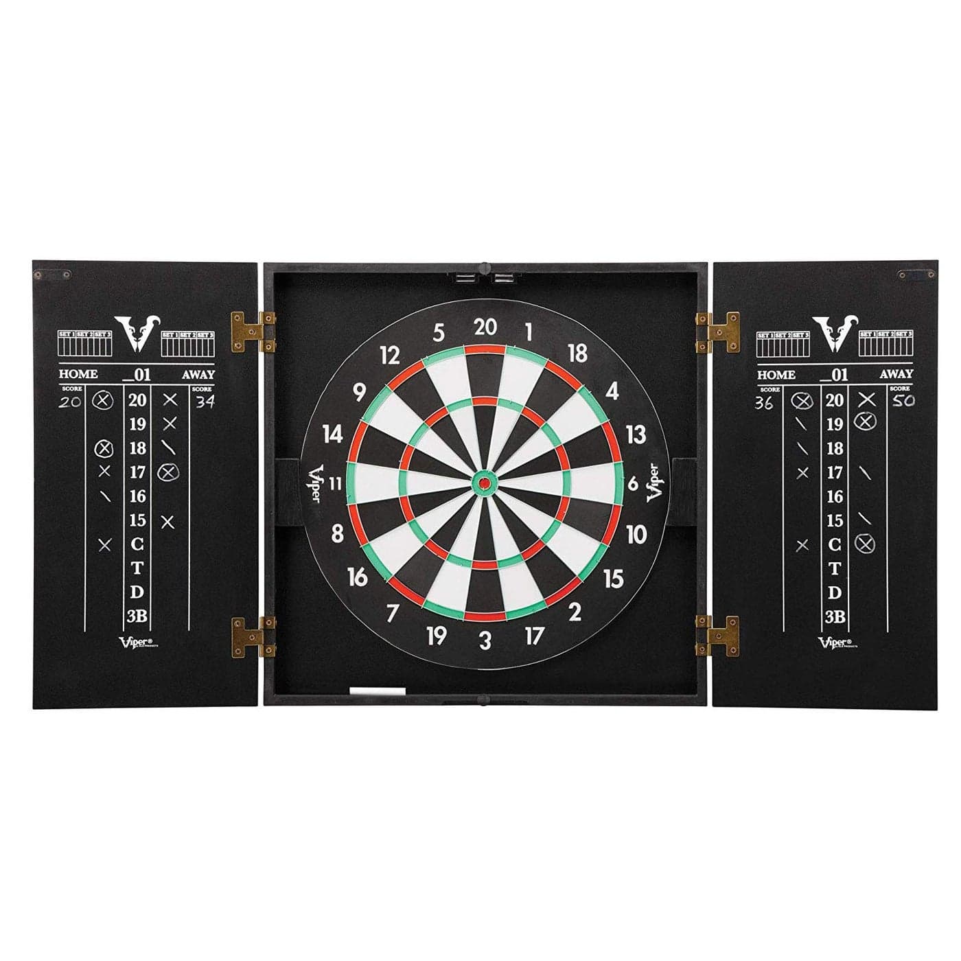 Viper Hideaway Dartboard Cabinet Set with Steel-Tip Dart Board, Reversible Board with Baseball Game Option, Two Sets of Darts, Chalk Scoreboards, and Matte Black Finish