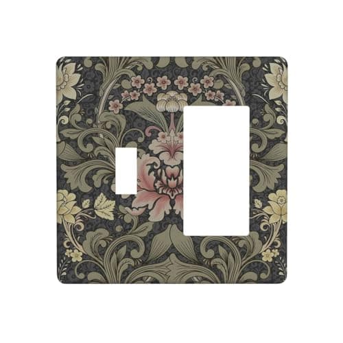 Vintage William Morris Floral Botanical Dark Green 2 Gang Single Toggle Rocker Combination Boho Light Switch Covers Wall Plate Cover Electrical Faceplate Decorative Switchplate for Country Bedroom