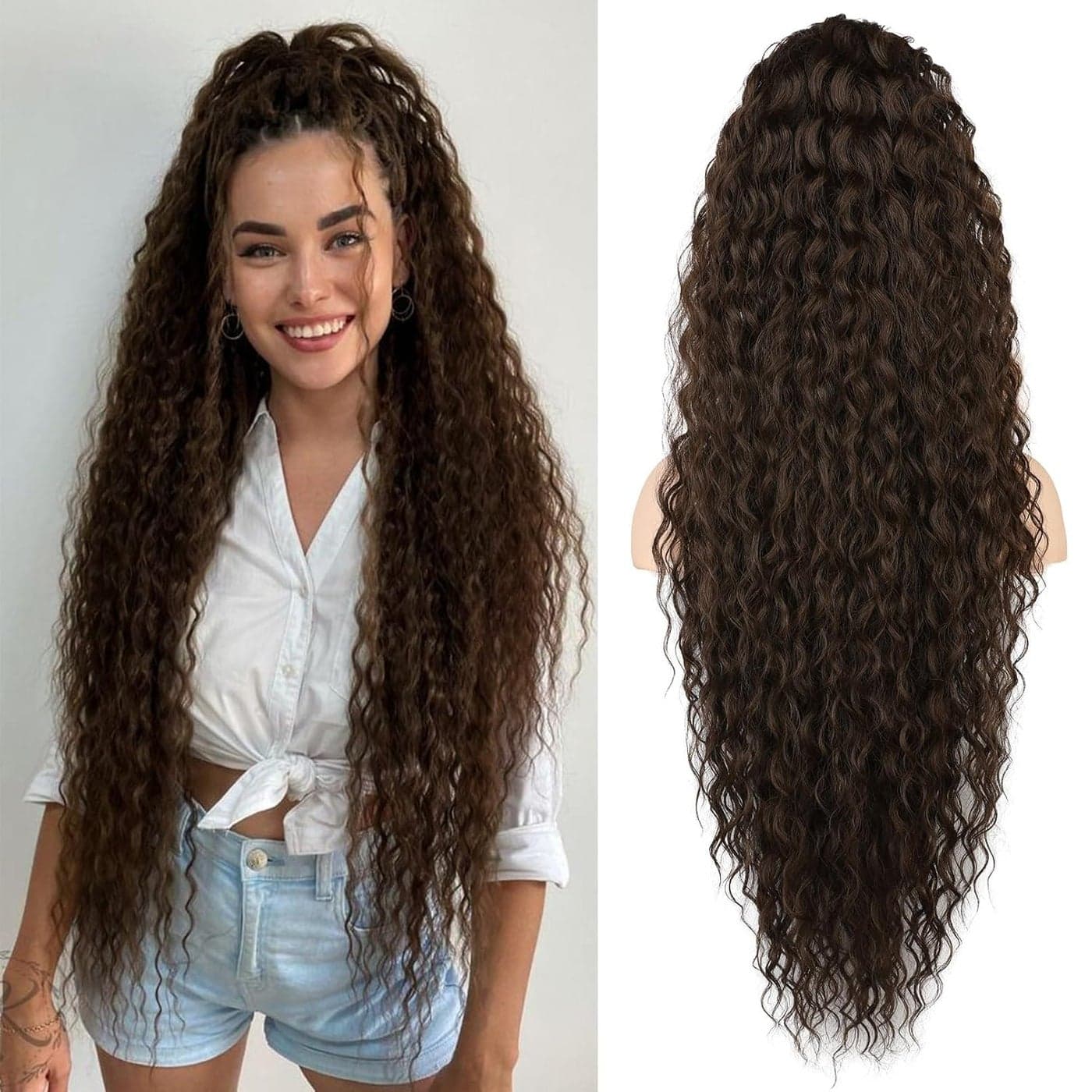 SEIKEA Ponytail Extension 36 Long Lightweight Full Natural Curly Drawstring Ponytail Fake Pony Tail Multi Layered Soft Clip in Hair Extensions Ponytail Synthetic Hairpiece Chocolate Brown