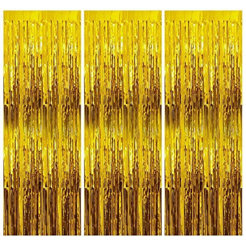 flavouredlove Foil Fringe Curtain(s) 3x6 Feet for Birthday, Anniversaries, Graduation, Retirement, Baby Shower Decoration (Pack of 3, Gold)