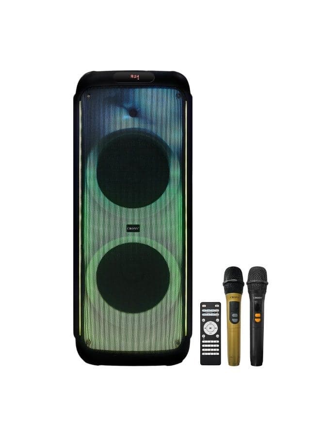 CRONY Portable Bluetooth Party Speaker with Dual 12 Inch Speakers, 2 Wireless Microphones, Rechargeable, RGB LED Lights, USB/FM, Remote Control, Karaoke Speaker for Home & Outdoor