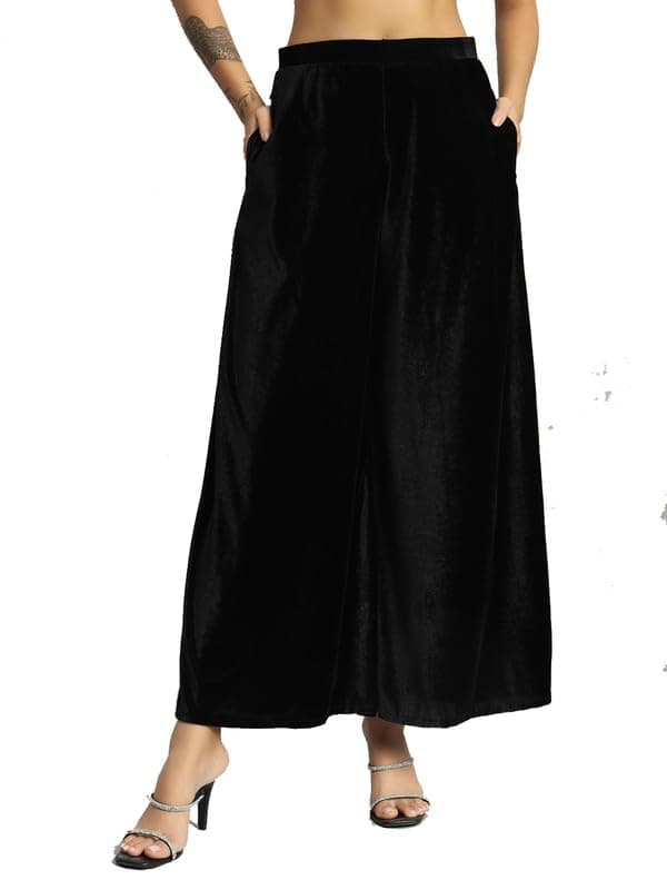 Vaararo Party Trousers for Women | Shiny Velvet Fabric Wide Bottoms Stylish Palazzo Pants Black XXX-Large