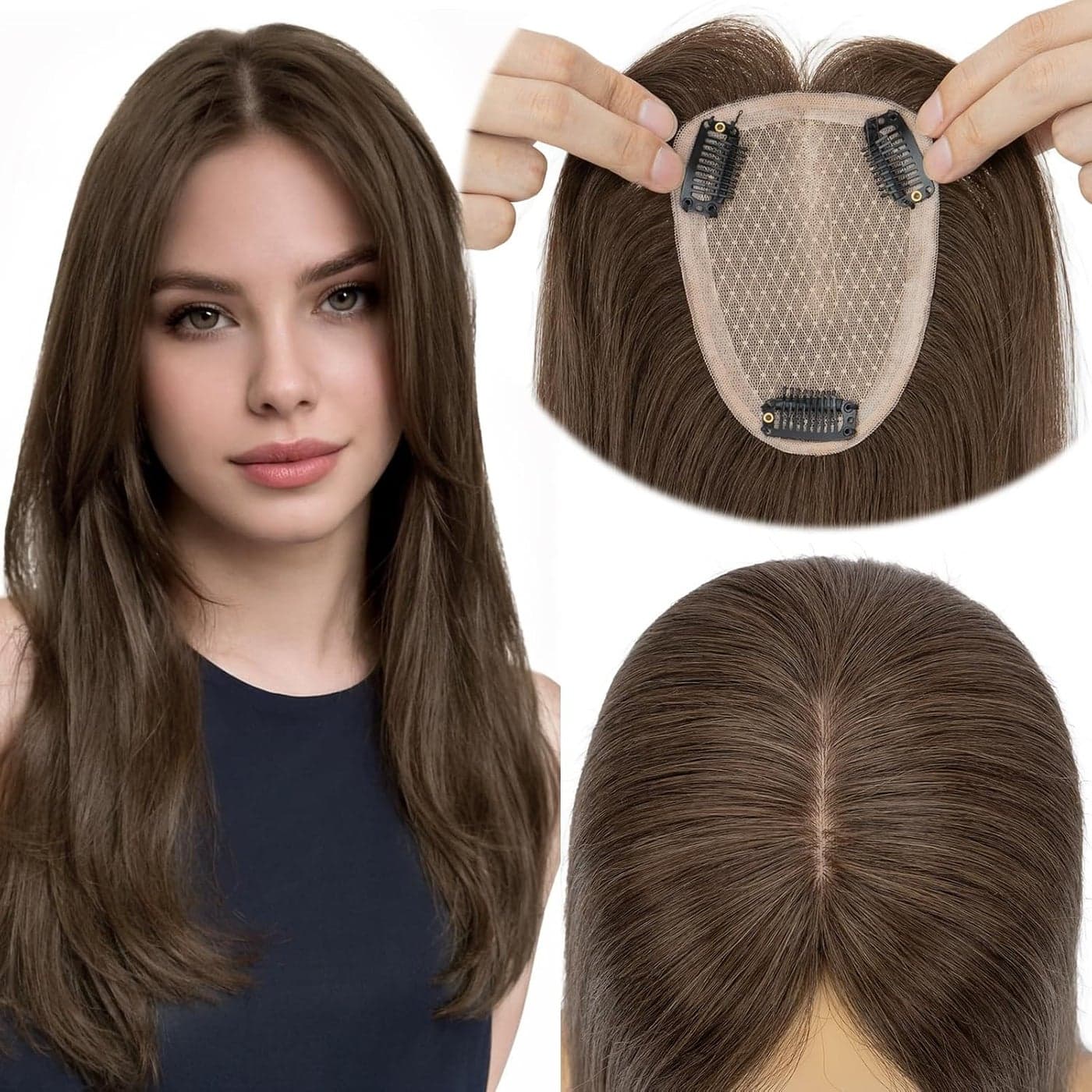 Elailite Human Hair Toppers for Women Real Human Hair for Thinning Hair 9 12CM Silk Base Hair Pieces No Bangs Clip in Remy Hairpieces HandTied 16 Inch Chocolate Brown