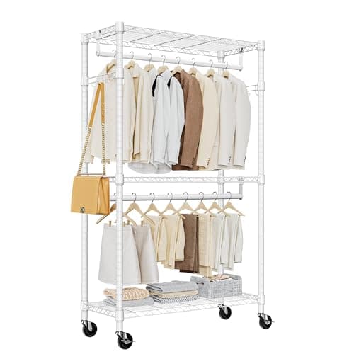 M MZG Heavy Duty Rolling Garment Rack 3 Tiers Adjustable Wire Shelving Clothes Rack with 2 Rods and Side Hooks,Storage Closet Clothing Rack with Wheels White 15.7" D x 29.5" W x 74.5" H