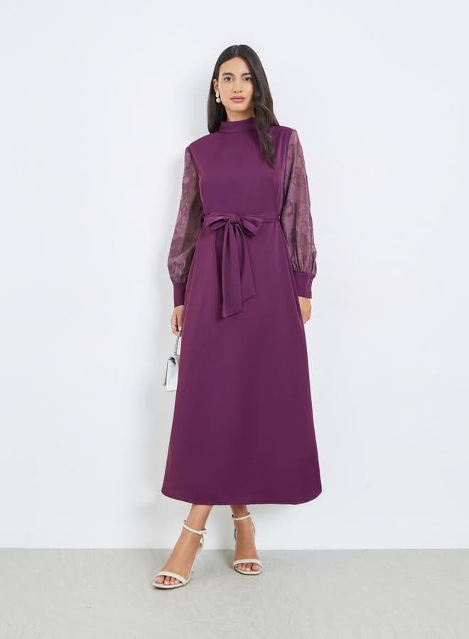 Purple Cuffed Sleeves A-Line Maxi Dress