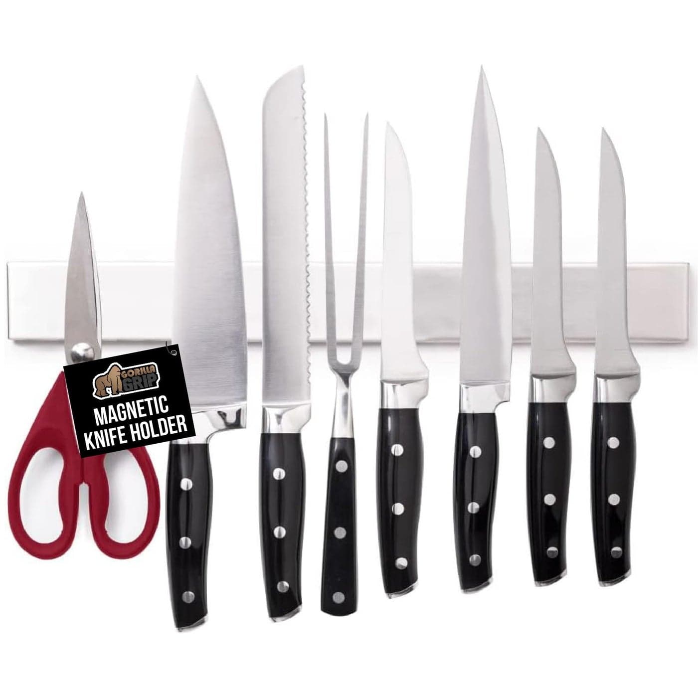 GORILLA GRIP Stainless Steel Magnetic Knife Holder for Wall MultiPurpose Magnet Bar for Knives Tools Art Supplies Heavy Duty Strip Holds Up to 6 lbs Kitchen Organizer 12 Inch Drilling Required