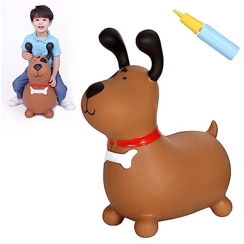 INPANY Bouncy Brown Dog Horse Hopper for Toddlers Bouncing Horse Hopper Ride on Animal Toys for Girls Boys Inflatable Riding Gifts Include Pump