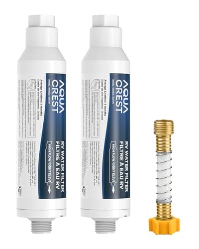 AQUA CREST RV Inline Hose Water Filter Garden and Camper NSF Certified Greatly Reduces Chlorine Bad Taste Odor 2 Pack with Hose Protector Package May Vary