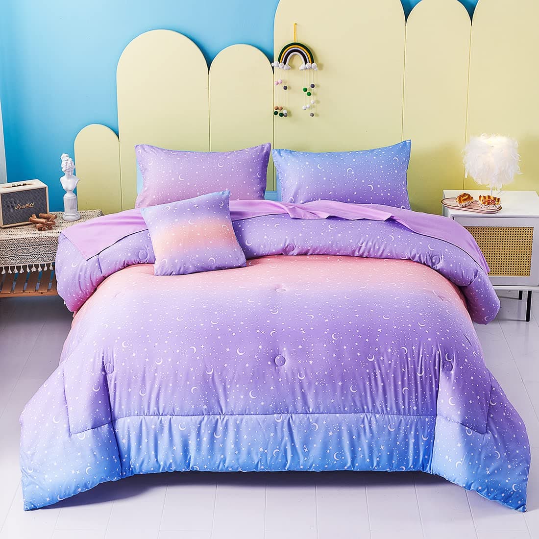 URBONUR Twin Comforter Set for Girls 6Pcs Gradient Purple Orange Blue Moon Star Printed Bed in a Bag Soft Breathable Bedding Set for All Season Star Twin Size