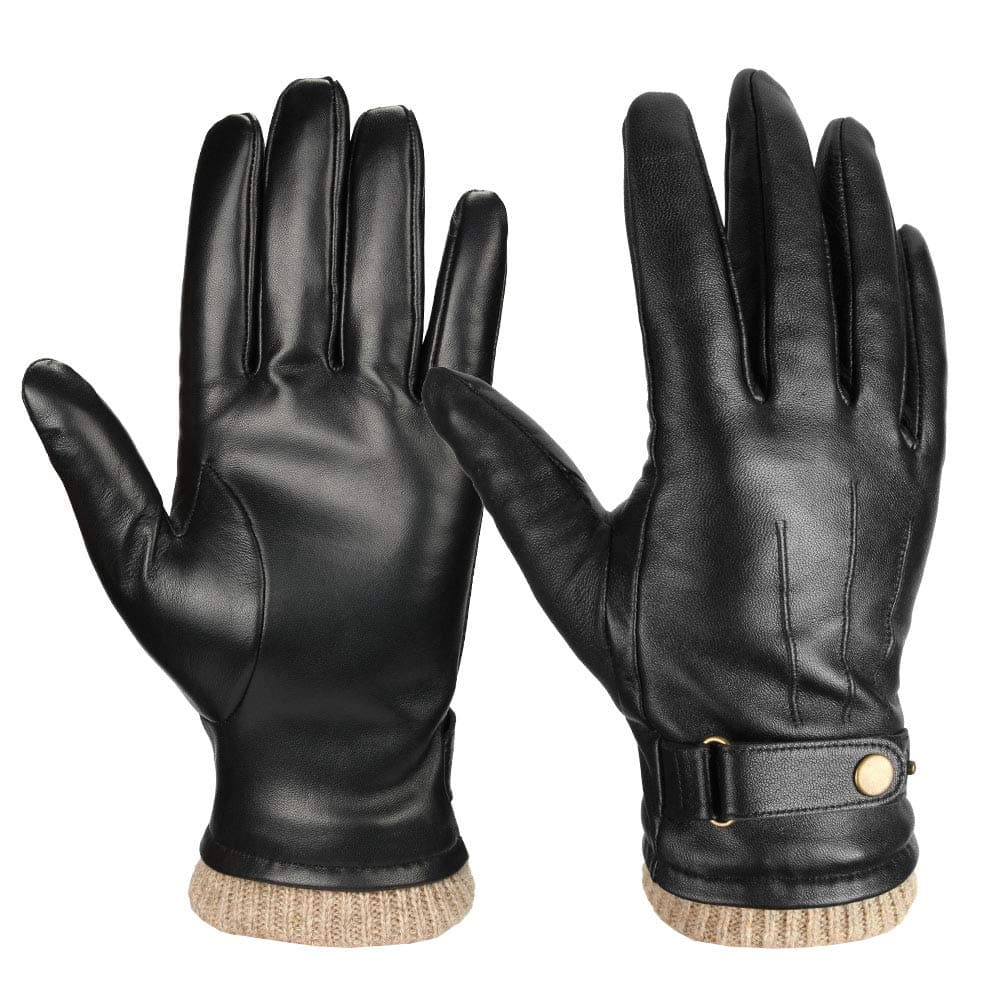 OZERO Winter Mens Gloves Genuine Nappa Leather Soft Warm Wool Lining Phone Texting Touchscreen Glove - Thermal Gifts for Husband or Dad Black Medium