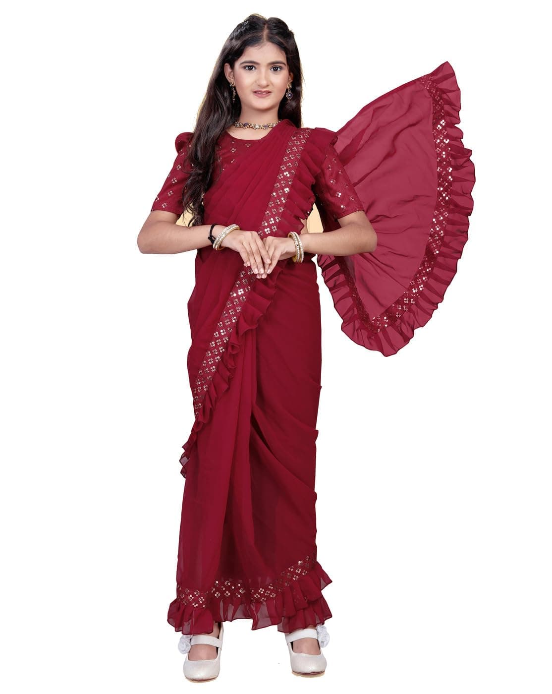 Xavima Kids Ethnic Wine Saree for Girls with Unstitched Blouse | Floral Embroidered Ready to Wear Saree | Lightweight Traditional Dress for Festive (Maroon 4-5 Years)