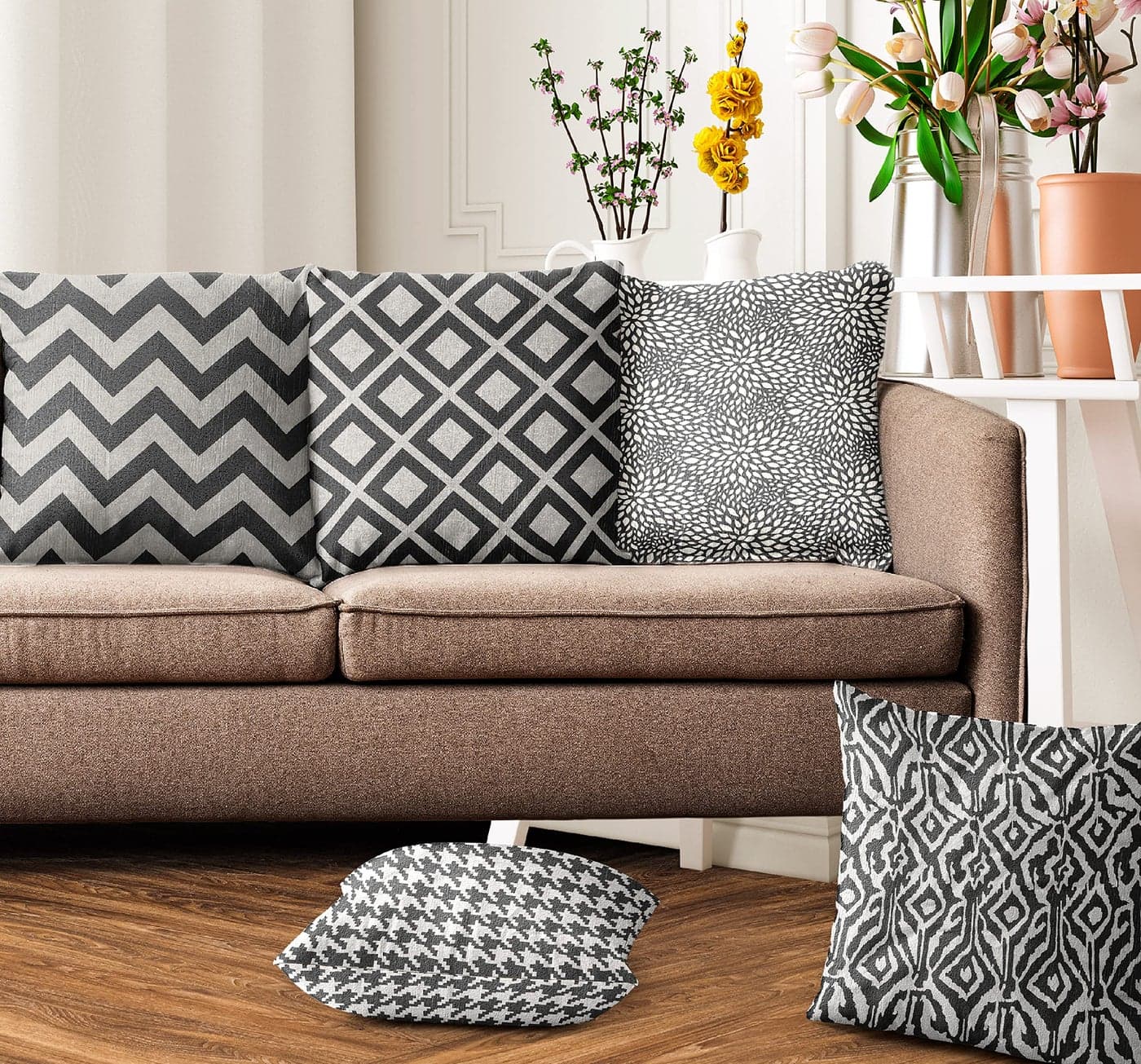 Ultimate Trends Premium Polyester Digital Modern Printed 200 TC Cushion Cover For Living Room Couch Bed Single Sofa Set Of 5 (18 X 18 Inches, Dynamic Grey)