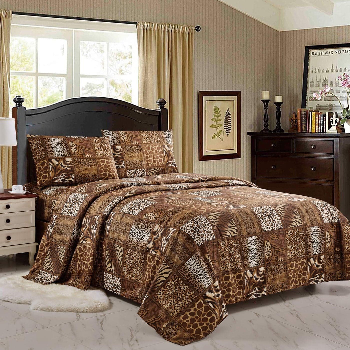 WPM 4 Piece Animal Print Sheet Set Chocolate Brown Leopard Zebra Giraffe Jungle Forest Theme Flat Fitted Sheets with Pillow Sham Queen Size Bedding Safari Design Brown Queen