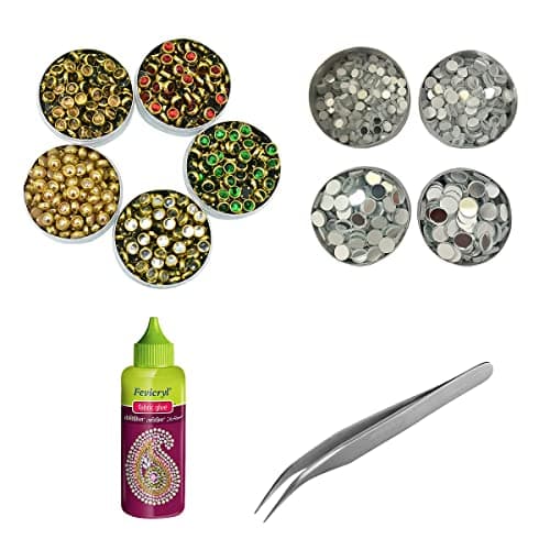 Embroiderymaterial Combo DIY Kit Of Flat Kundan Stone Beads, Grinded Shisha Mirror, Tweezers & Fabric Glue For Craft, Jewellery Making, Embroidery, Bangles Making, Embellishment, Multicolor