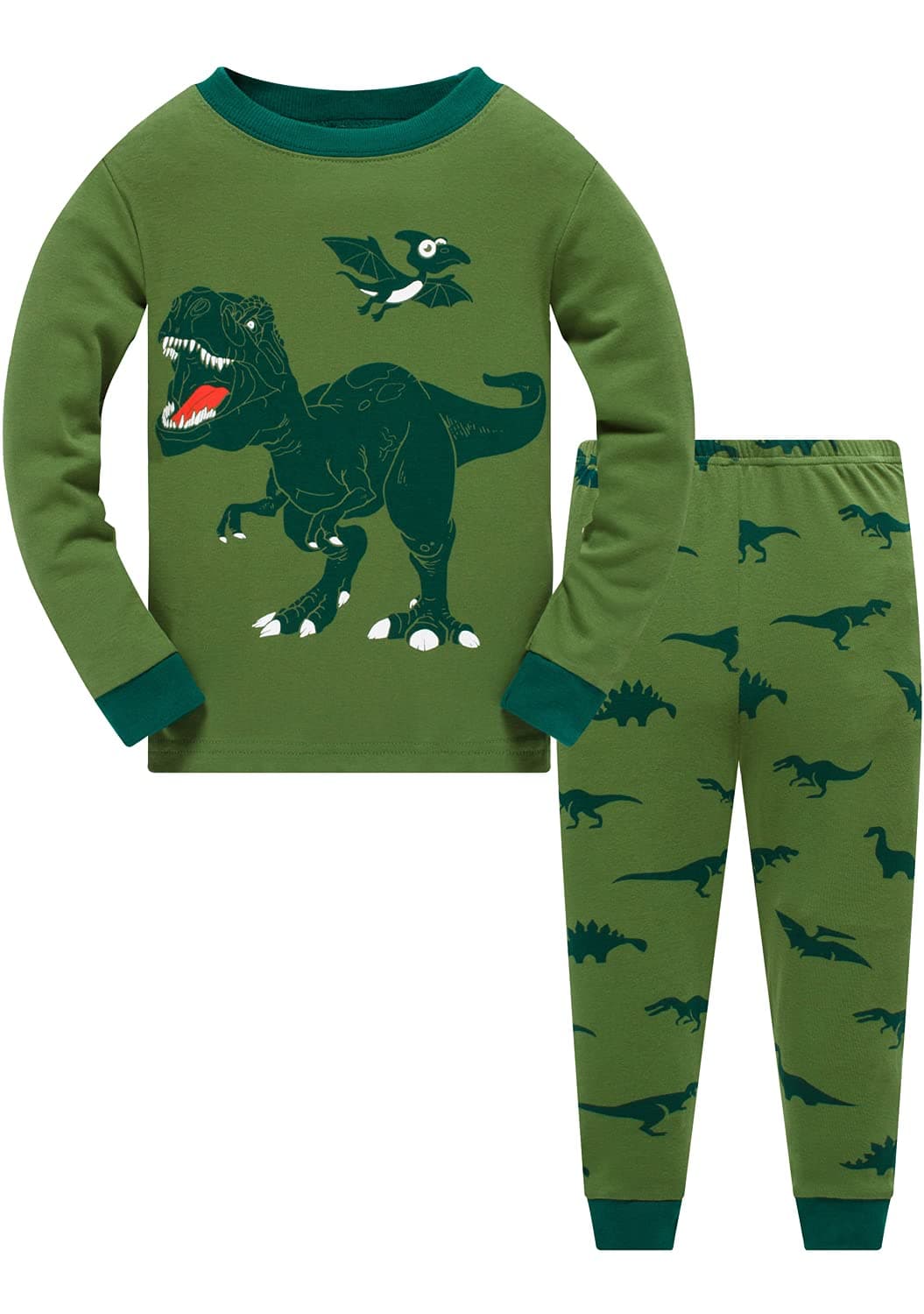 Little Boys Space Pajamas Sets for Toddler 100% Cotton Dinosaur Train Rocket Glow in Dark Sleepwear Long Sleeve 2 Piece kids Clothes Pjs 3-7T green dinosaur-6259-3T