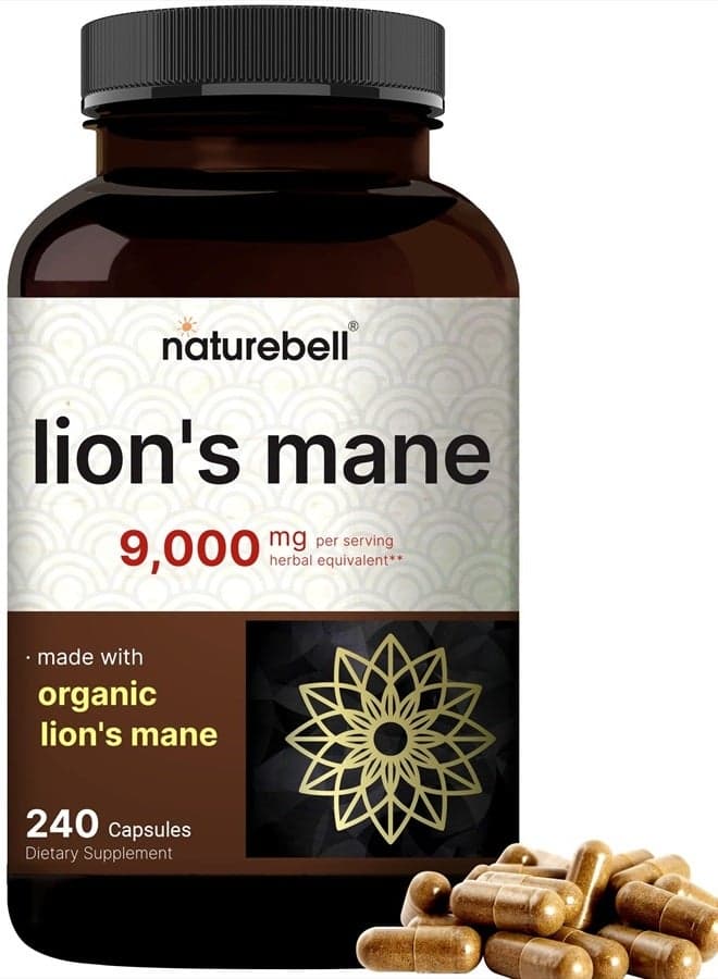 Lions Mane Mushroom Supplement Capsules 9,000mg, 240 Capsules | 120 Days Supply – Made with Organic Lion's Mane Powder Extract – Cognitive Brain Nootropic & Immune Health Support – Non-GMO