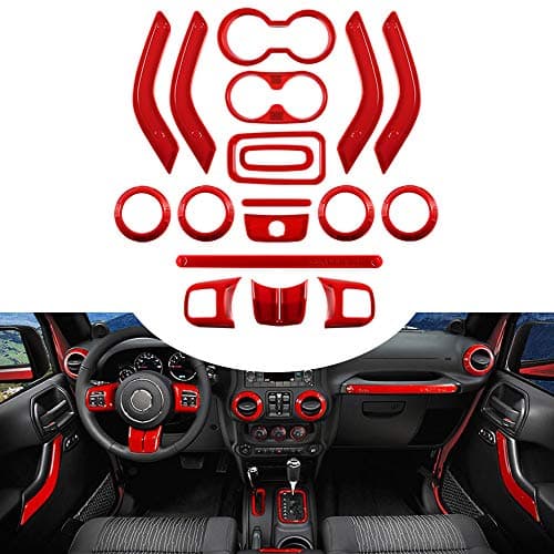 Opall Full Set Interior Decoration Kit Steering Wheel Center Console Air Outlet Trim Door Handle Cover Inner Passenger Seat Handle Trim for Jeep Wrangler JK JKU 18 X Red