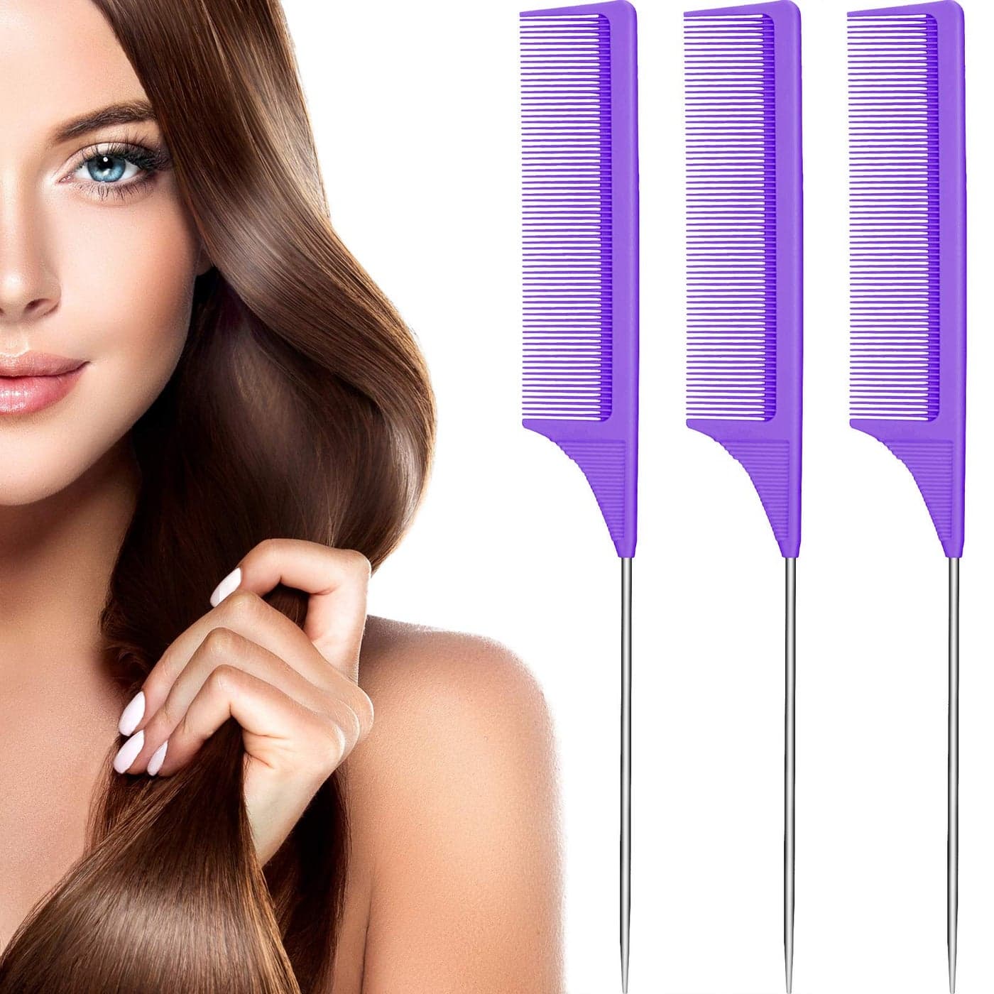 3 Packs Rat Tail Comb Steel Pin Rat Tail Carbon Fiber Heat Resistant Teasing Combs with Stainless Steel Pintail Purple