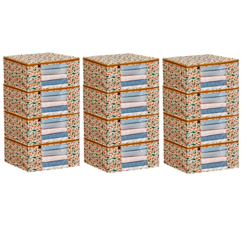AMAK INC Saree Cover With Zip Clothes Storage Bag Wardrobe Cloth Packing Organizer Large Transparent Window Garment Protector Covers Printed Design Combo Saree Bags Ivory Pack of 12