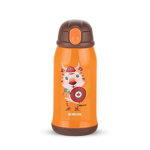Borosil 500 ml Stainless Steel Kids Sipper Water Bottle | Double Wall Vacuum Insulated Flask | 12 Hours Hot & Cold | Leakproof, BPA Free | 1 Year Warranty (Orange)