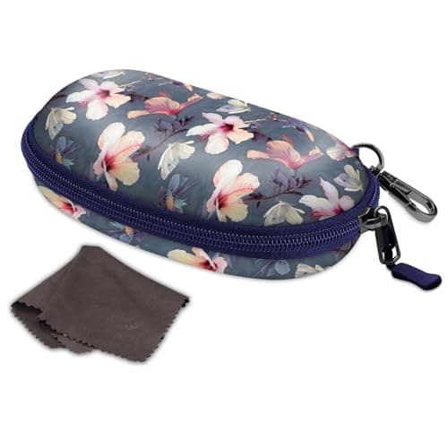 Fintie Sunglasses Case with Carabiner, Hard Shell Shockproof Sport Glasses Cases Travel Zipper Eyeglasses Holder, Blooming Hibiscus