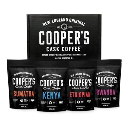 Gourmet Coffee Sampler Gift Box Set, Roasted Coffee Ground, Sumatra Dark, Kenya AA Medium-Dark, Rwanda Medium, Natural Ethiopian Light, Ground, 4 Bags, 16 oz Total