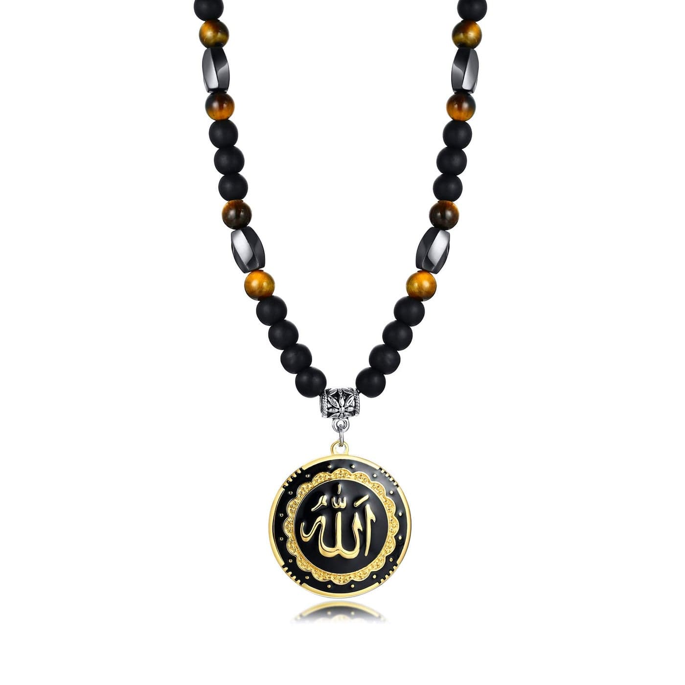 MEALGUET Allah Medallion Necklace, Stainless Steel Islamic Jewelry,Arabic Jewelry,Allah Name of God Round Pendant Necklace for Women and Men with Agate Beaded Chain, Muslim Gift Jewelry, Gift