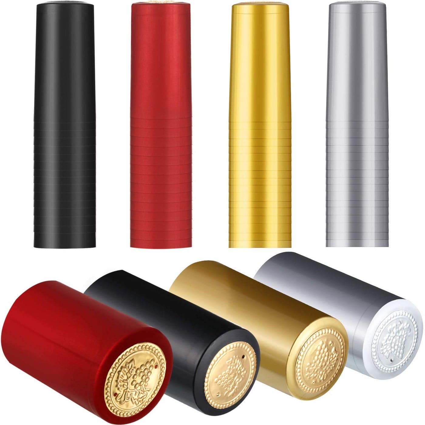 Blulu 200 Pcs PVC Heat Shrink Capsules Wine Shrink Wrap Wine Bottle Capsules Caps for Wine Cellars and Home Use BlackRedGoldSilver