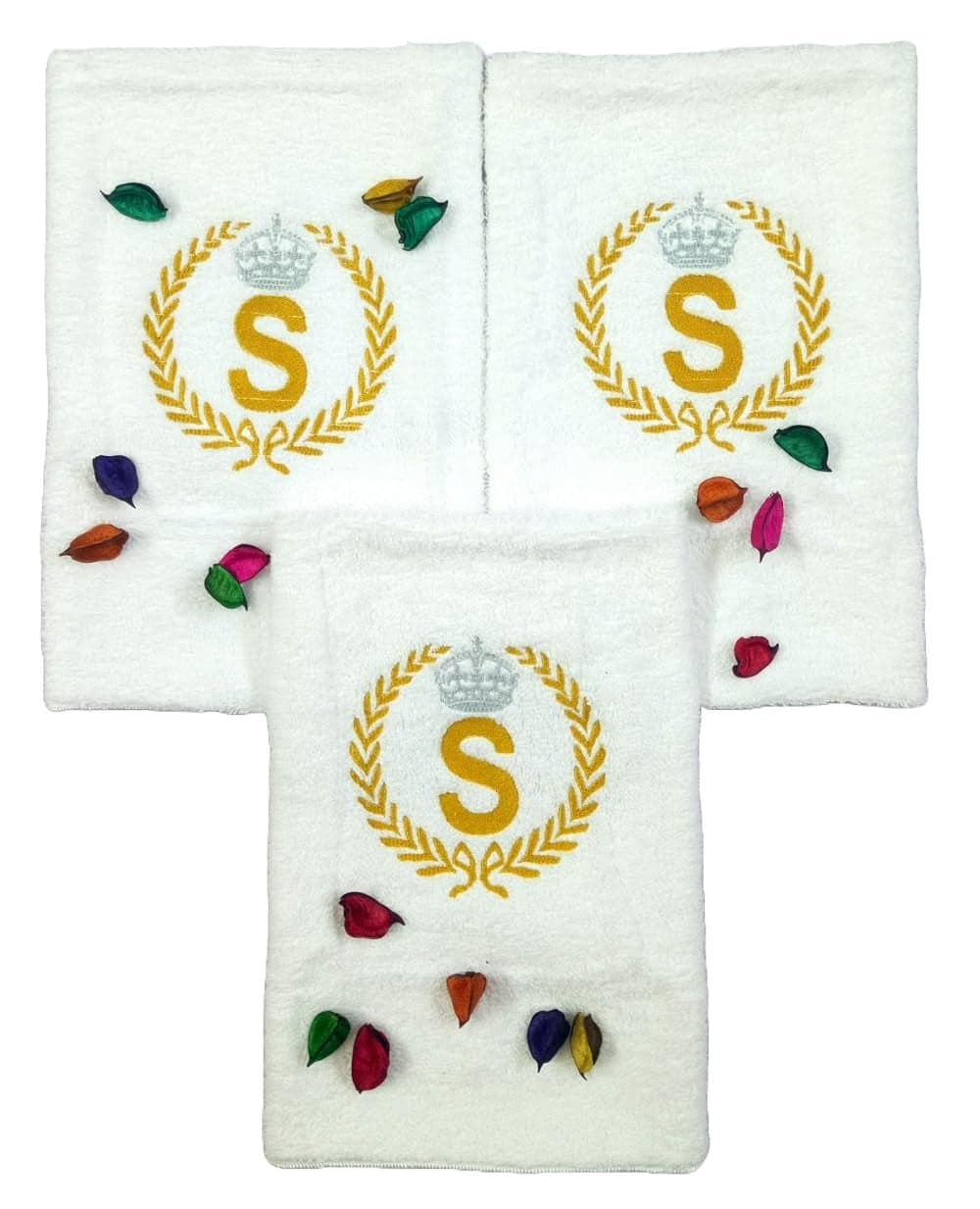 TurtleLittle 100 Cotton Golden Laurel Initials 3 Hand Towel Set for Men and Women 600 GSM Set of 3 White