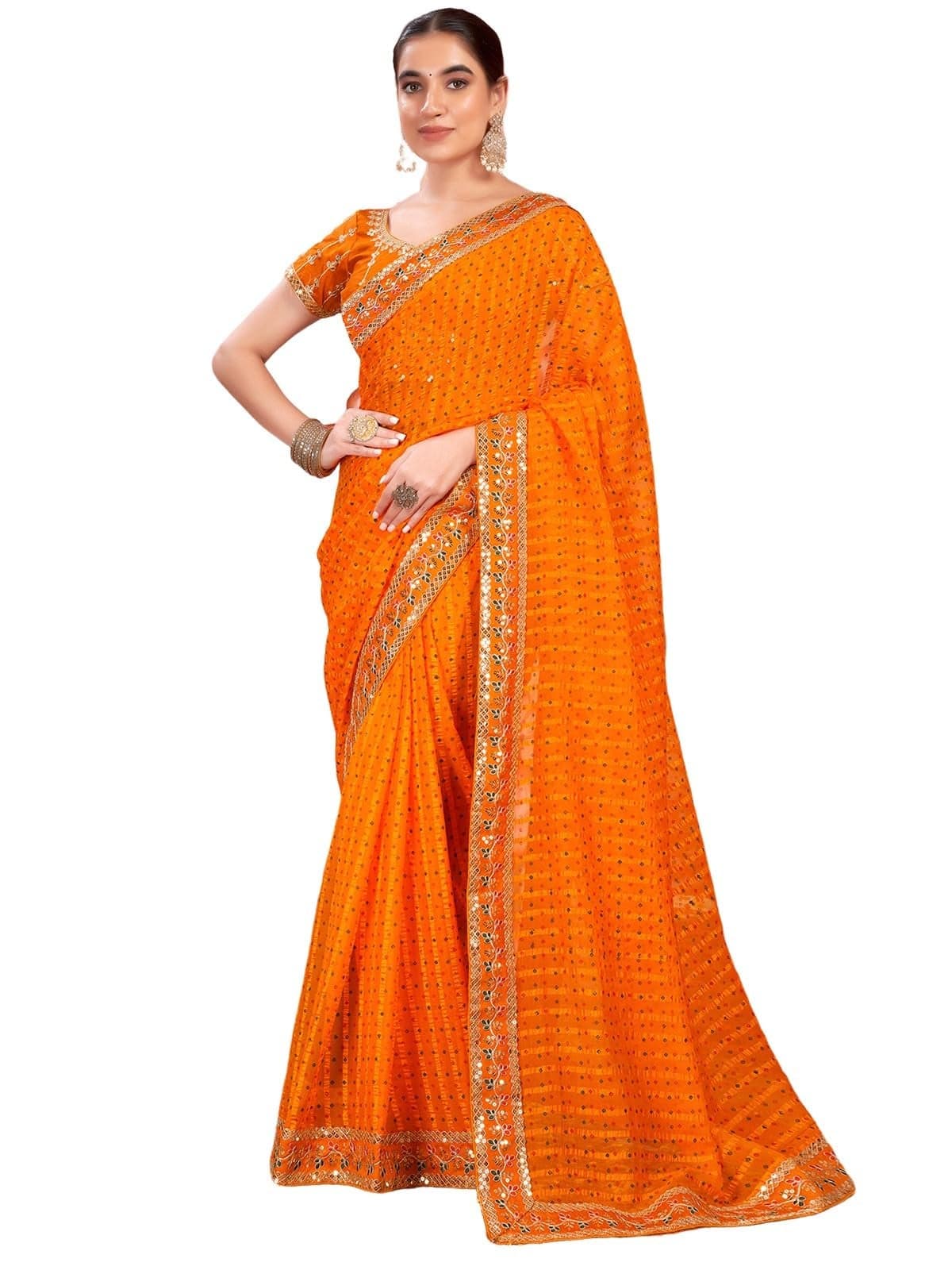 Satrani Women's Chiffon Sequin Embroidery Lace & Bandhani Printed Saree with Unstitched Blouse Piece (4114S656N_Turmeric Yellow)