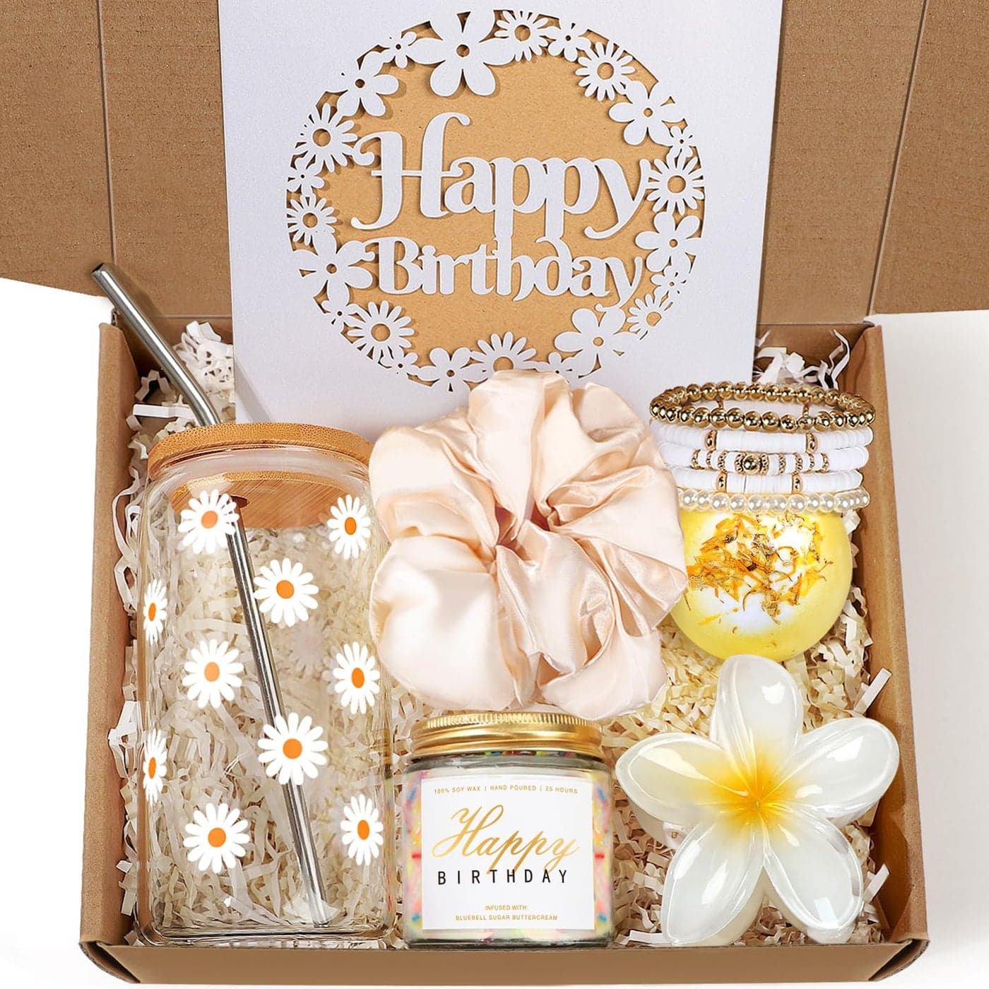 Birthday Gifts for Women Teen Girl Gifts Birthday Gifts for Her Happy Bday Gift Box for Girl Women Sister Daughter Best Friend Friendship Cute Daisy Glass Cup Gifts Set 7PCS 16oz Beige