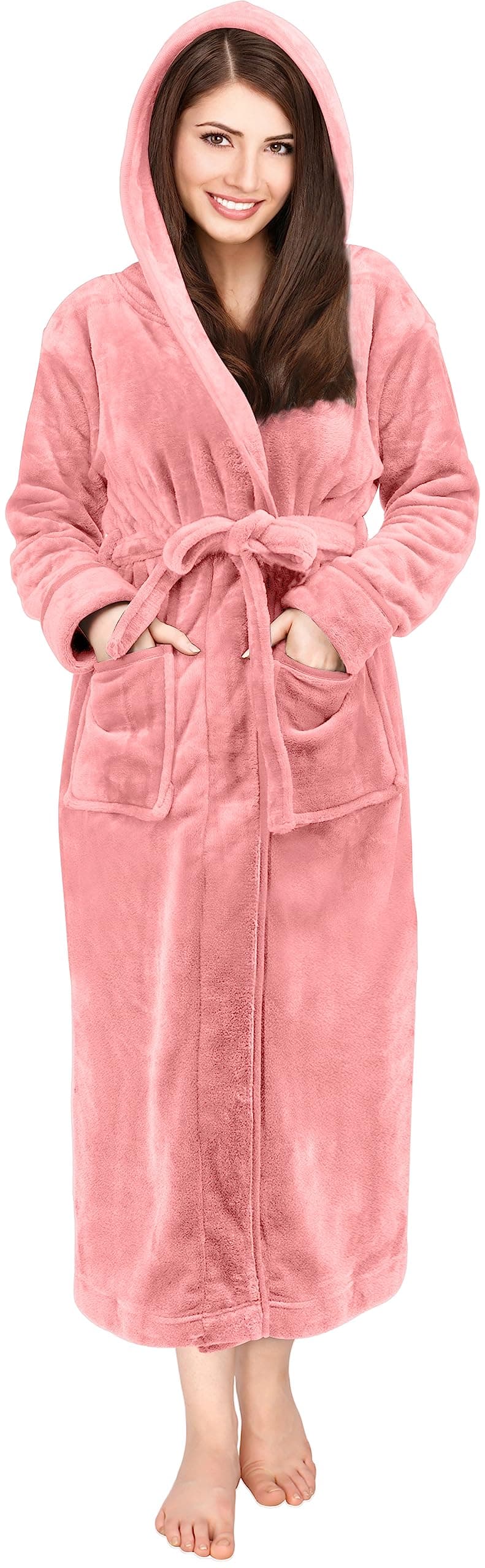 NY Threads Premium Womens Fleece Hooded Bathrobe Plush Long Spa Robe Small Coral