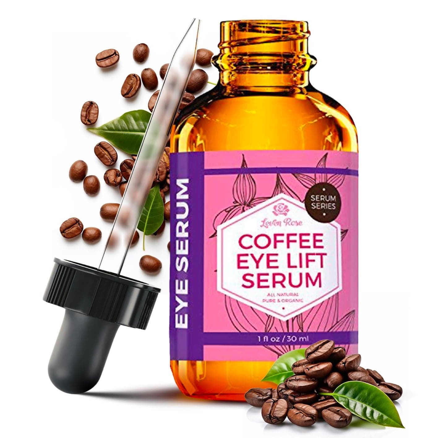 Leven Rose Organic Coffee Bean Caffeine Serum for Eyes 1 oz Antiaging Caffeine Under Eye Serum for Puffy Bags Under Eyes