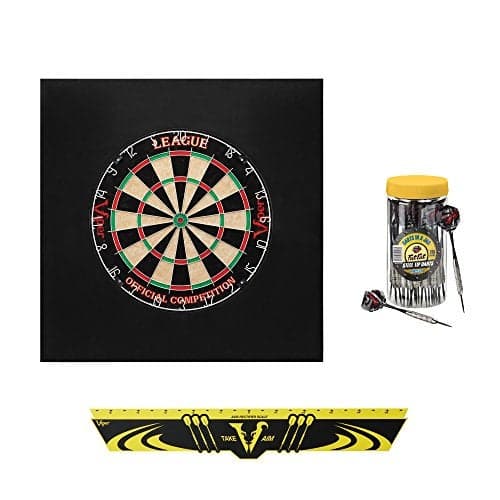 Viper by GLD Products Defender II Backboard SisalBristle Steel Tip Dartboard Bundle Deluxe Set League Dartboard Defender II Backboard Edge Throw Line 21pc Jar of Darts Black