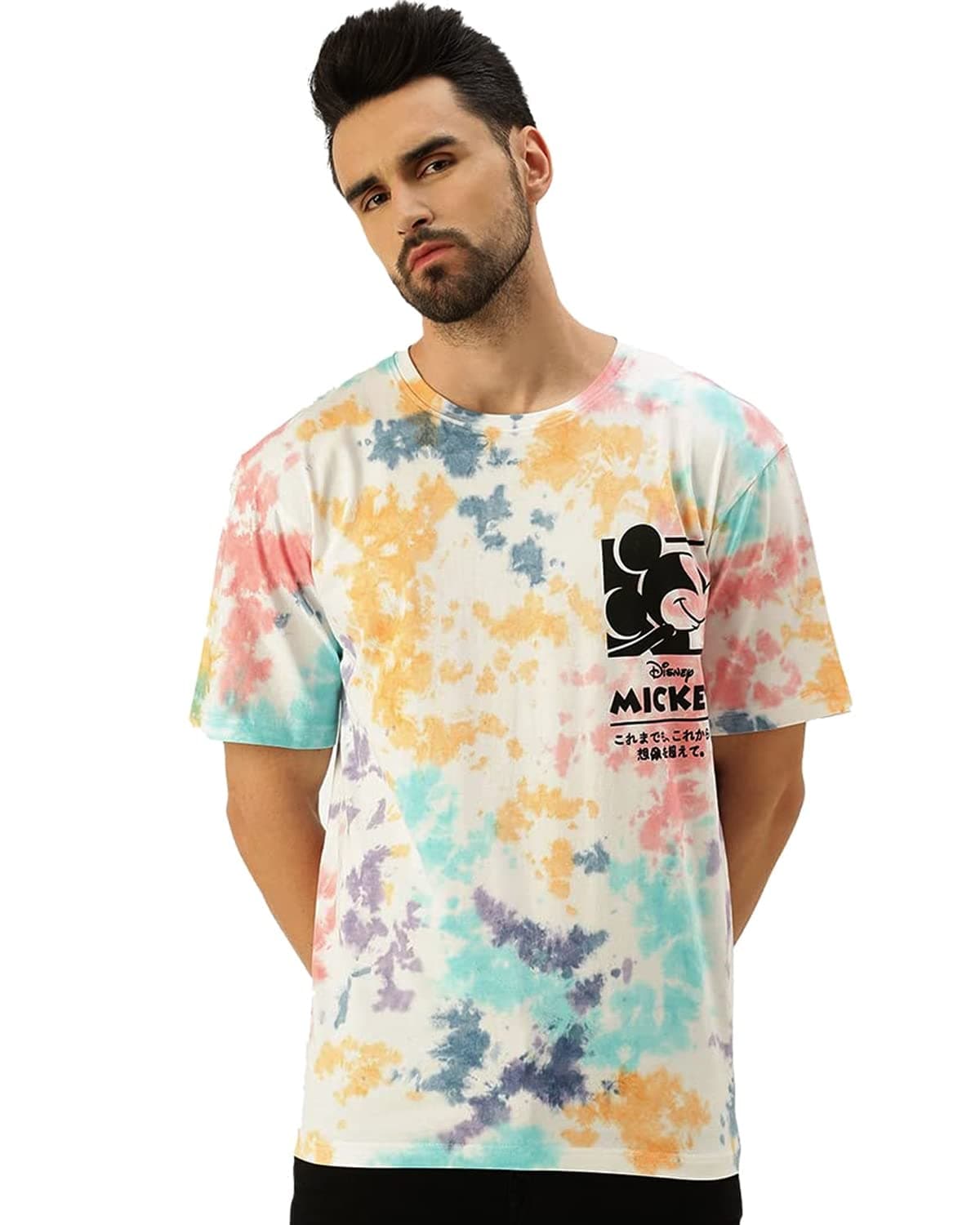 Veirdo Multicolour Tie-Dye Oversized Cotton Crew Neck T-Shirt with Disney Print for Men
