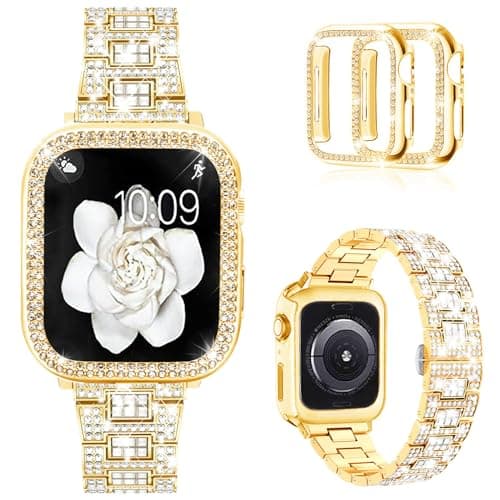 Mosonio Compatible with Apple Watch Band 44mm with Case Women, Bling Metal Wristband Strap with 2 Pack Bling PC Protective Cover for iWatch SE Series 6/5/4(44mm, Gold)