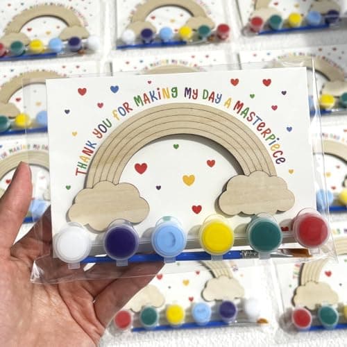 12 Pack PrePackaged Rainbow Party Favors for Kids Wooden Rainbow Cutouts with Magnets Painting Kits Thank You for Coming Gifts for Kids