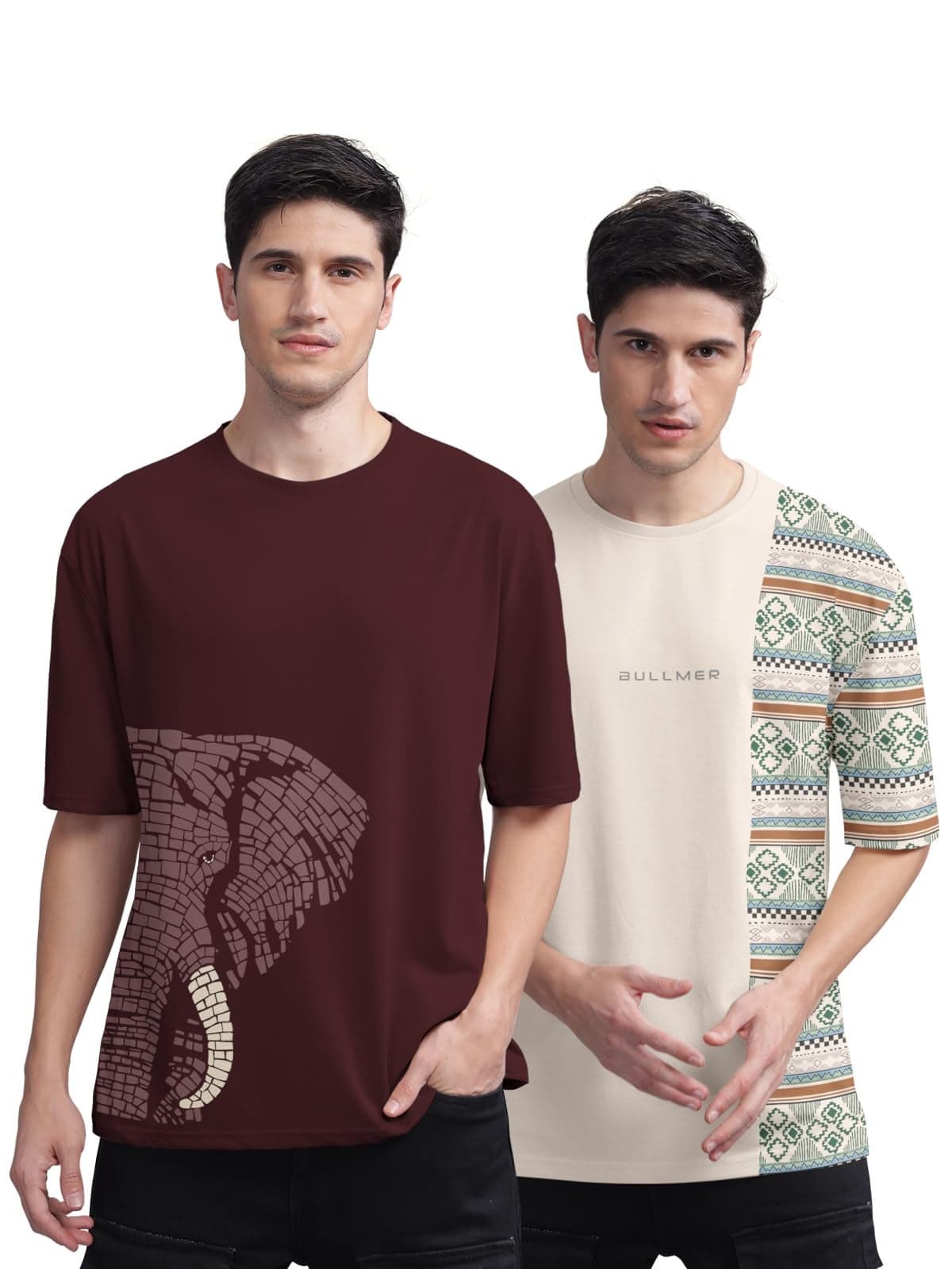 BULLMER Men Cotton Trendy Front and Back Printed Oversized Round Neck T-Shirt - Pack of 2 Maroon/Beige2 XX-Large