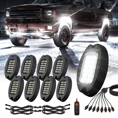 8 Pods Alloy Pure White LED Rock Lights for Truck Offroad ATV UTV RZR SUV Boat, Metal 6500K 24 LEDs White Neon Underglow Light with Switch Extension Harness, Under Trail Rig Fender Lighting